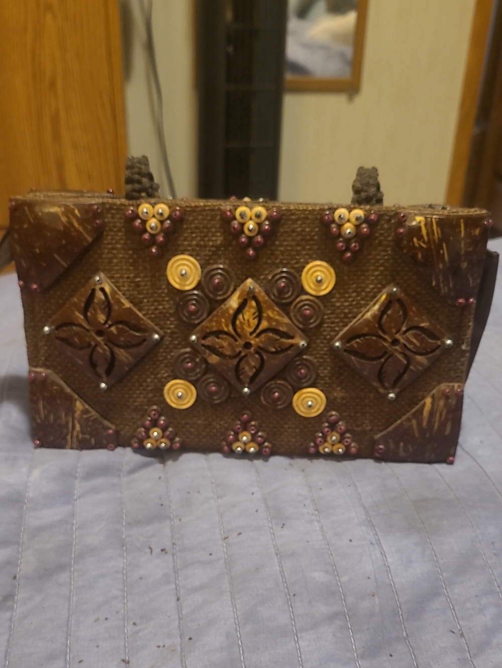 Handcrafted Brown Embellished Women's Tote With Hand Carved Coconut Shells